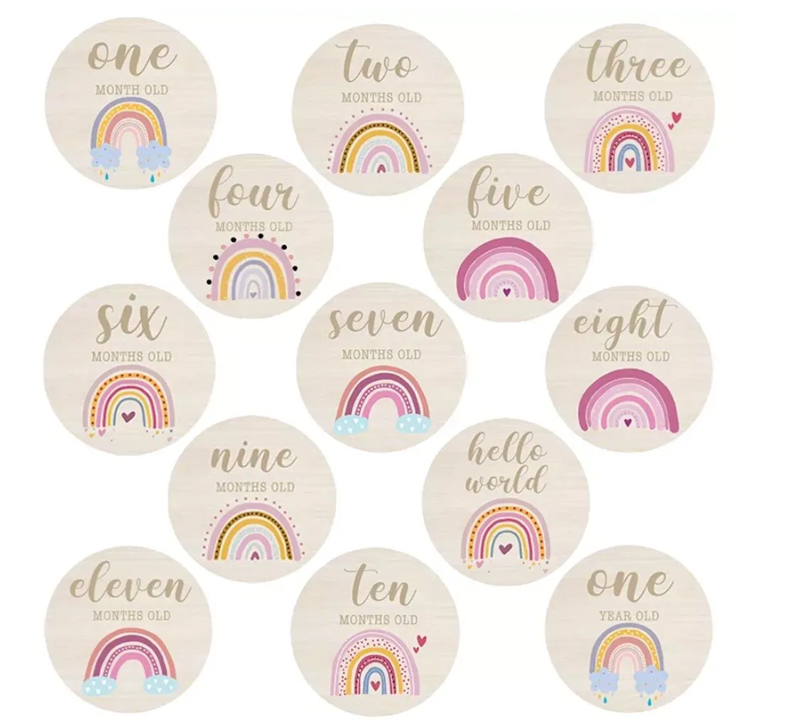 13x Rainbow Milestone Cards Discs Baby Shower Gift Unisex Nursery Colourful