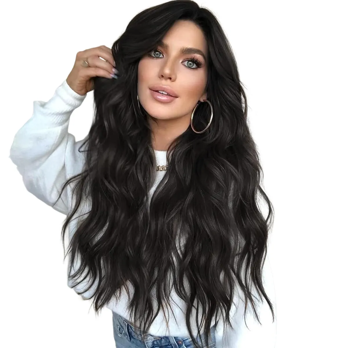 Long Wavy Wig with Lace Hairline for Everyday Parties, Black