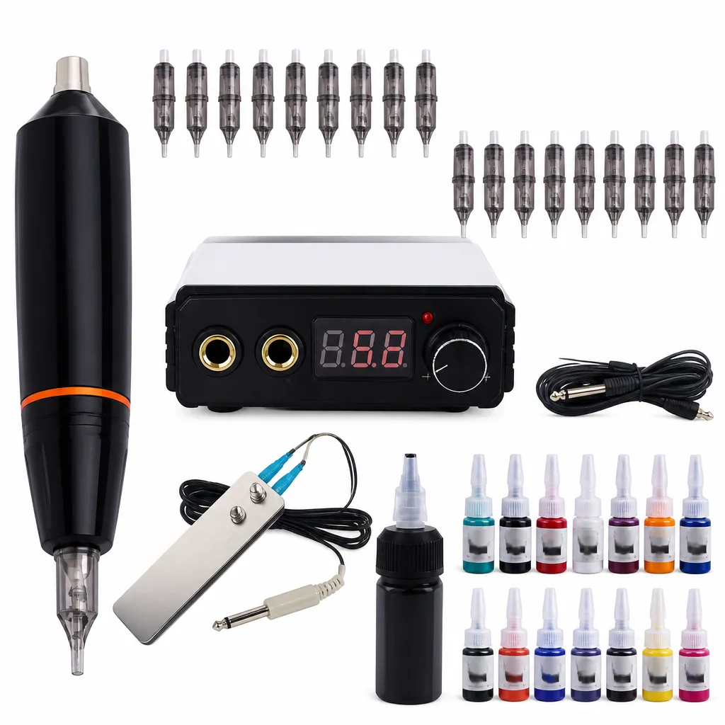 Tattoo Machine Kit 8.2 with Power Supply Needles and Ink Bottles 1201rl
