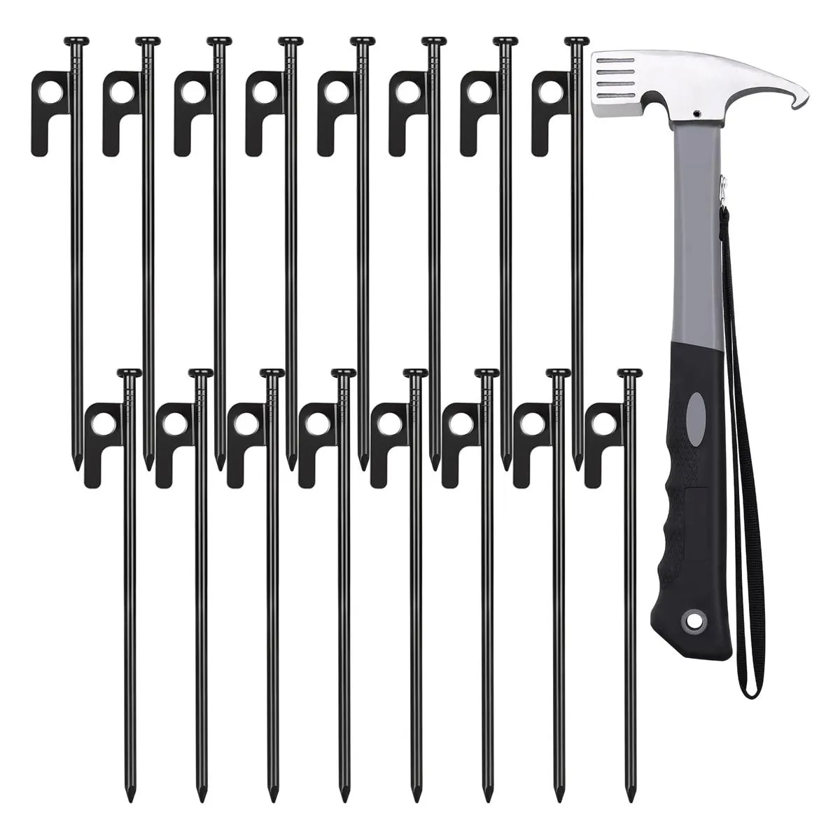 16 Pack Tent Stakes & Hammer Set with Storage Pouch