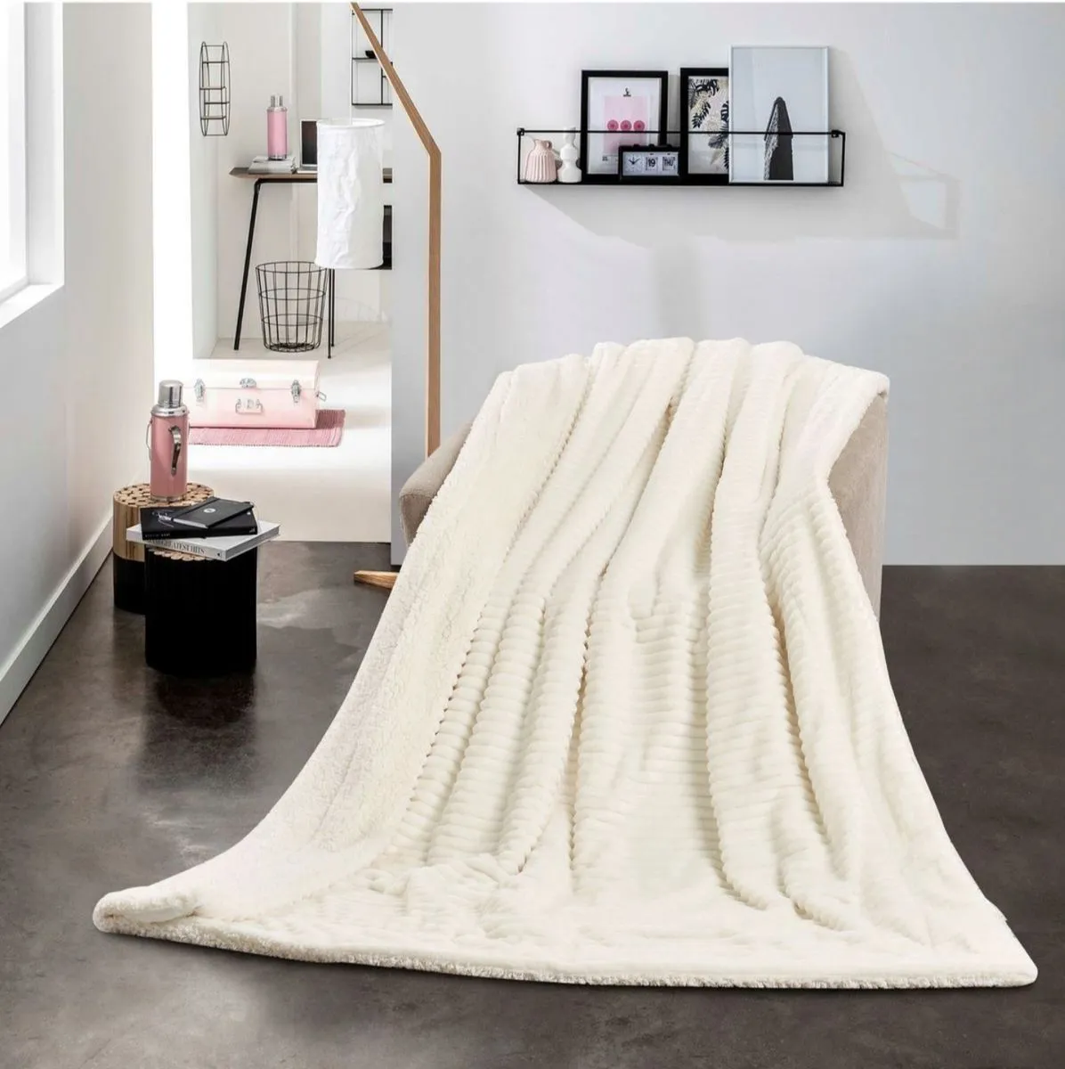 Polyester Striped Winter Double Blanket - Creamy White
