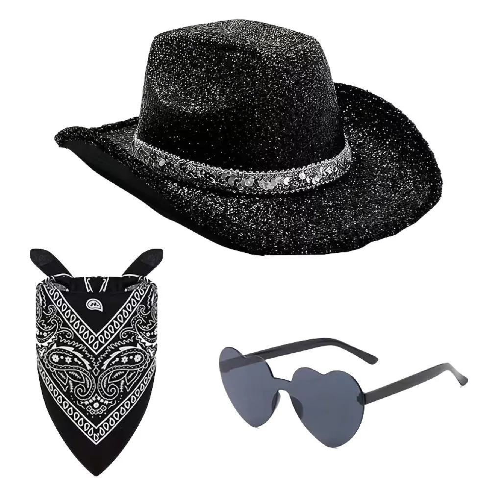 Toy 3Pcs Glitter Cowboy Hat ,Glasses And Scarve Party Dress Up - Black