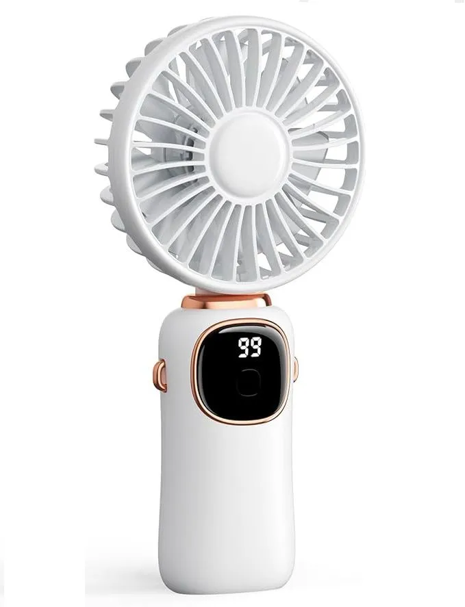 White Controlled Powered Hand Fan, 5 Speed,90 Foldable Digital Display Fan