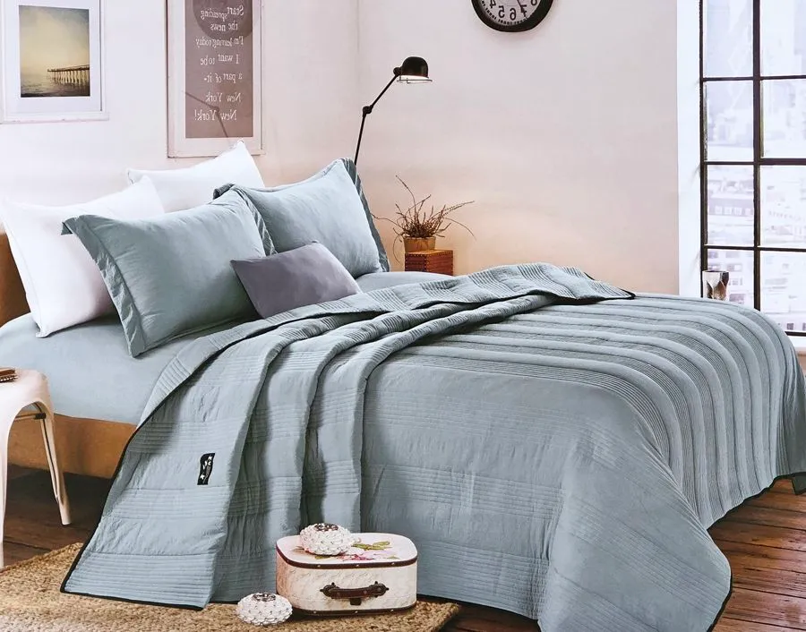 King Size Pre-Washed Quilt Set - 4-Piece Polyester - Light Blue 