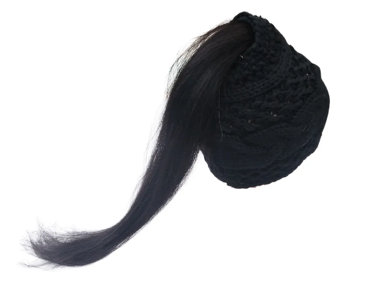 Winter Knitted Beanie Hat With Ponytail Opening - Black