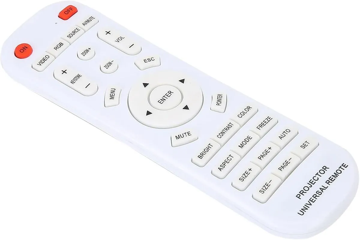 White Remote Control for Projector, 10m Range Remote, Powered By 2 AAA