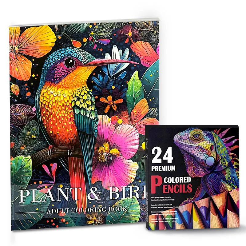 Plant & Bird Adult Coloring Book Set with 24 Premium Colored Pencils