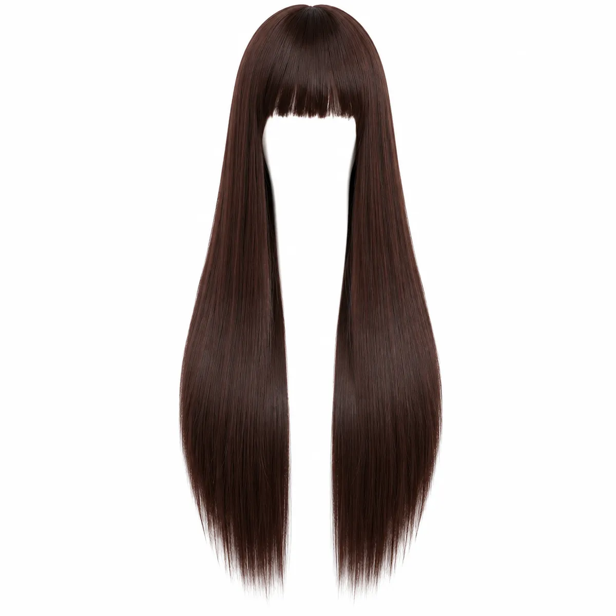 Natural Brown 28 Inch Long Synthetic Wig With Bangs