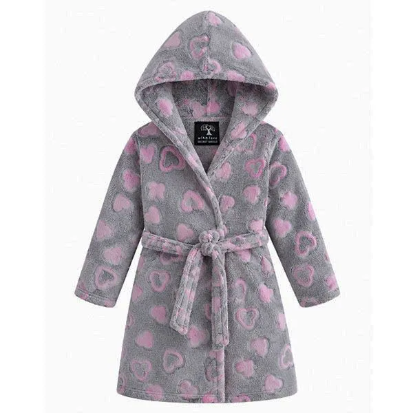 Secret Shield Girls Heart Pattern Long Sleeve Hooded Soft & Cozy Gown