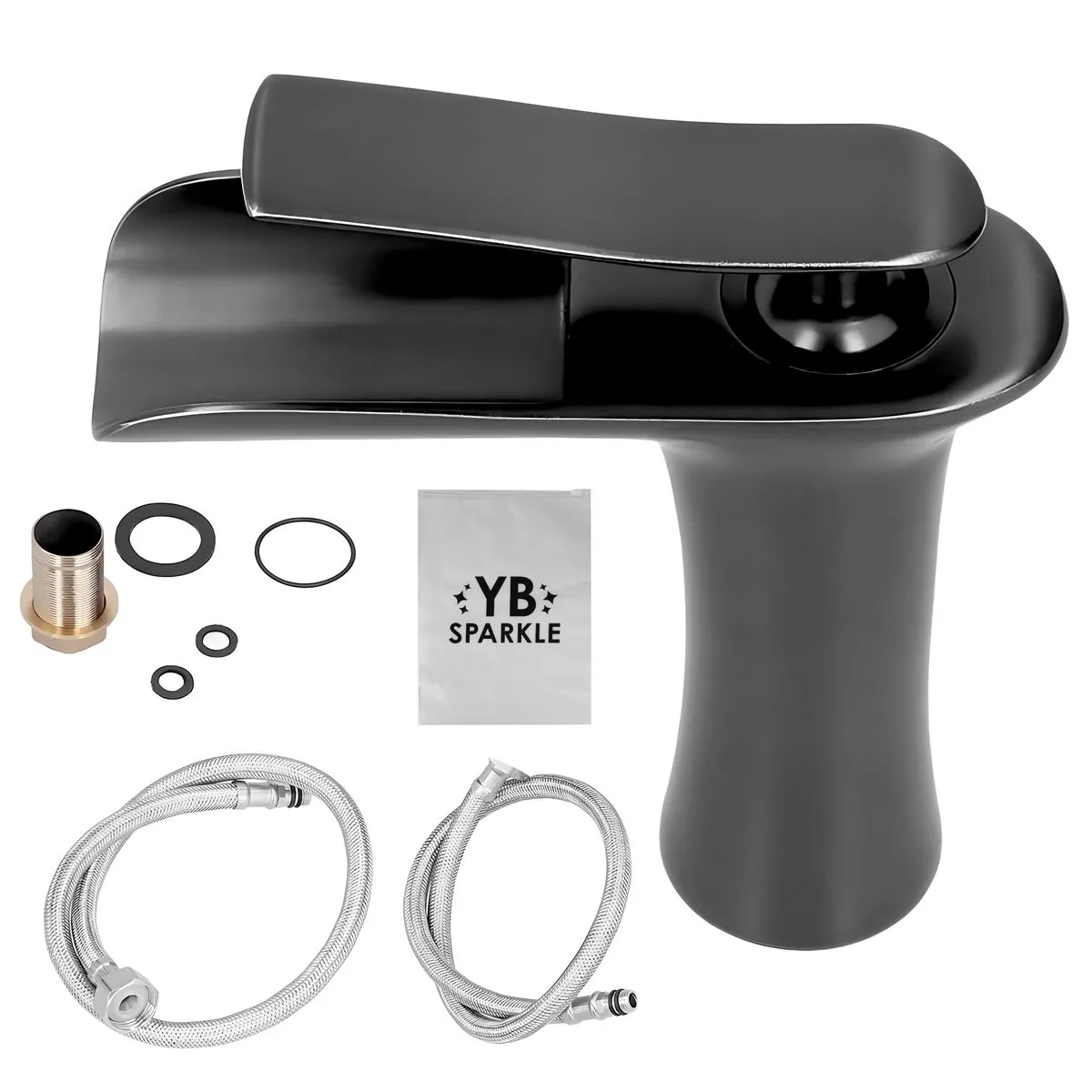 Matte Black Sink Basin Waterfall Style Tap Faucet Mixer + Sparkle Bag