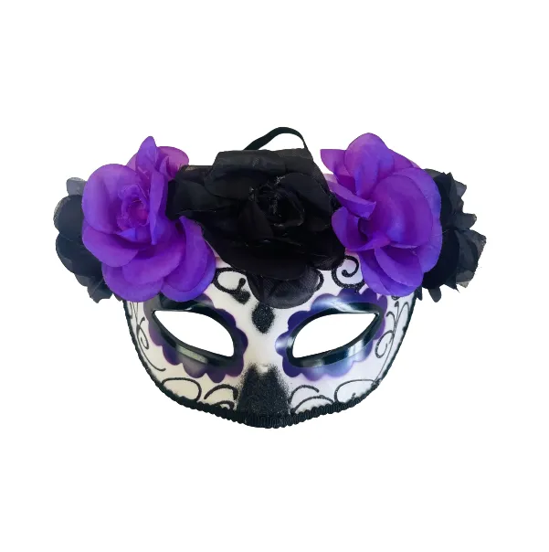 Day Of Dead/Sugar Skull Dress Up Mask with Flowers - Purple
