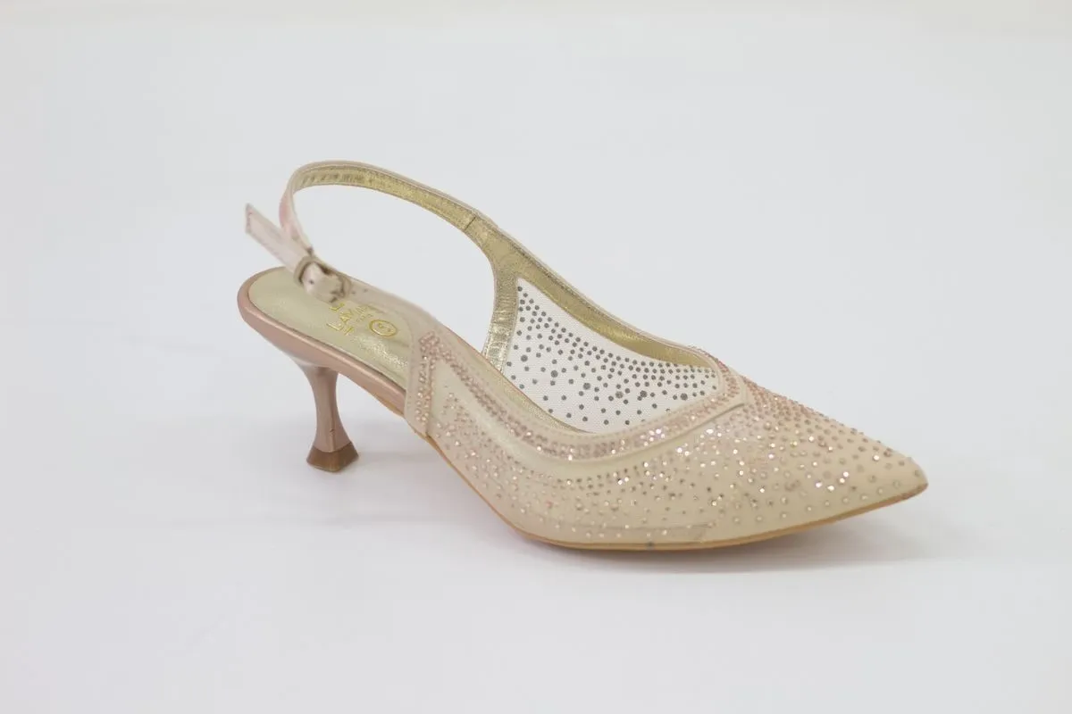 LaMara Paris View Mesh Embellished 6.5cm Heel Sling Back Champagne