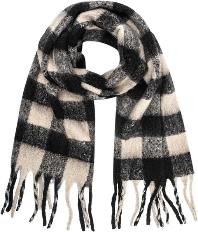 Womens Scarf Winter Big Colorful Checked Thick Warm Soft Scarves - Black