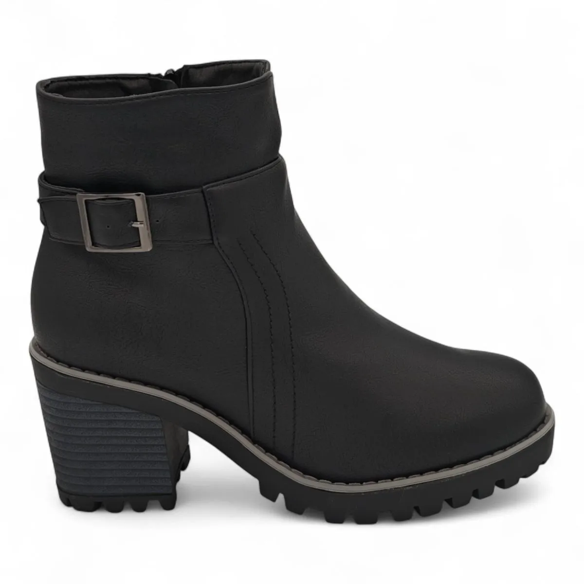 TTP Women's Block Heel Ankle Boots with Buckle Decor and Side Zipper HTM-1