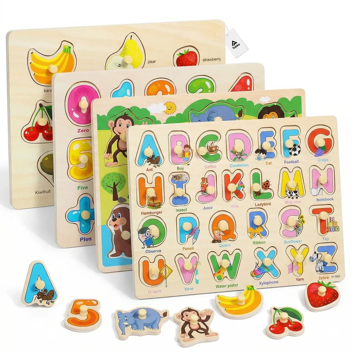 Topika Kids Wooden Puzzles Include Animals Numbers Letters Fruits Matching