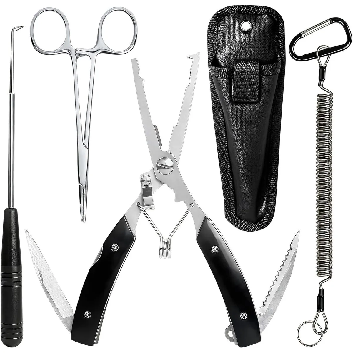 6in Fishing Pliers Tool Kit,Hook Remover & Line Cutter with Lanyard - Black