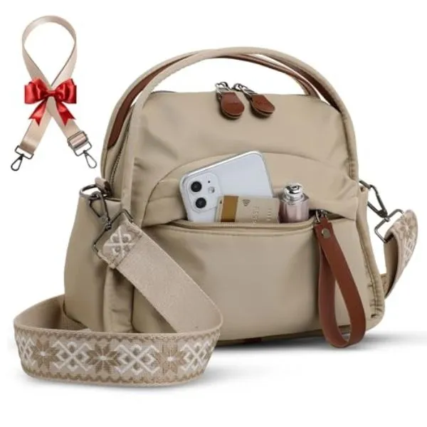 Nylon Crossbody Bags for Women, Lightweight Shoulder bag, Top Handle bag - Brown
