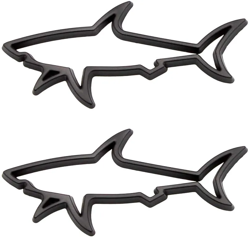 2 Pieces3D Chrome Metal Shark Logo, Car Emblem Hollow Fish Badge Decal - Black