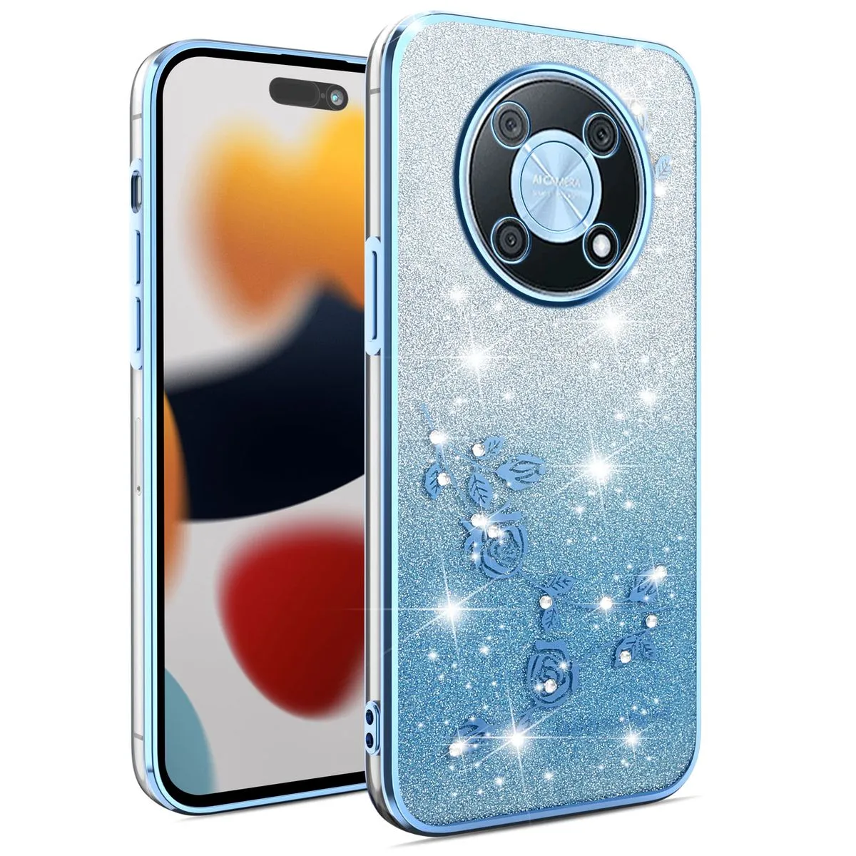 Phone Case Compatible With Huawei Nova Y90 Flowers Diamond Shining Cover - Blue