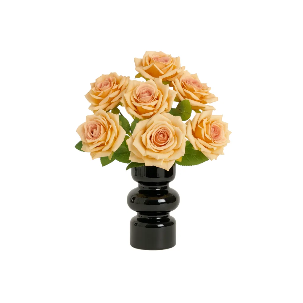 7 Piece - Real-Touch Artificial Rose Bouquet in Black Vase - Champagne