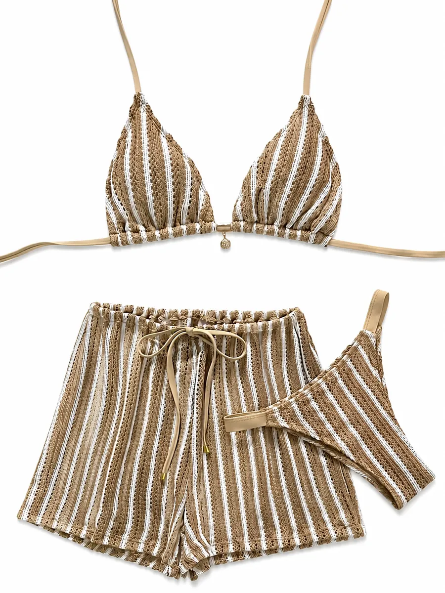 Women Khaki Striped Crochet Bikini Set Cover Up Shorts 3PC