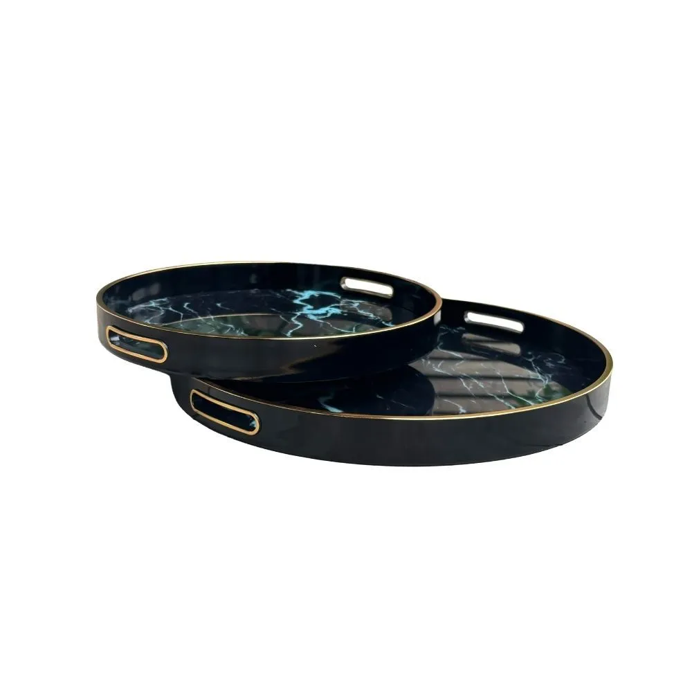 Agate Round Tray Set of 2 - Black, Gold