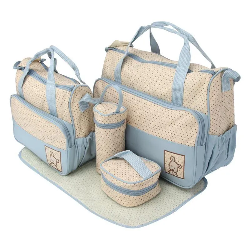 Multifunctional Baby Changing Diaper Handbag 5 Piece Set - Khaki - Light Blue & Beige