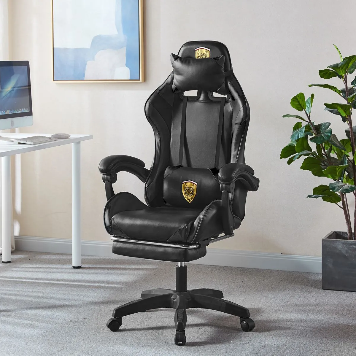 Ergonomic Gaming Chair with Footrest Adjustable PU High-Back Computer Chair - Black