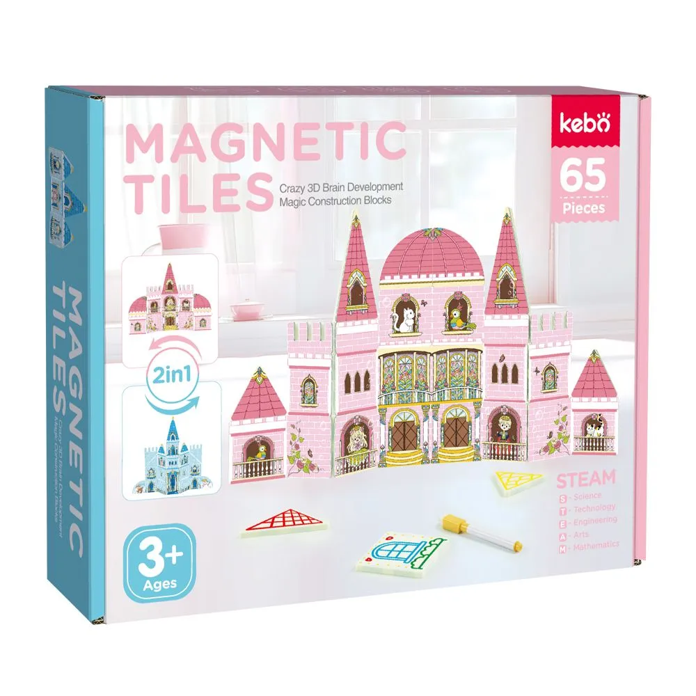 KEBO Magnetic Tiles 3-in-1 Set - 65 Piece Princess Castle & Ice Castle 3+