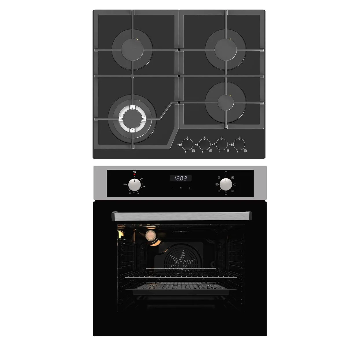 60cm Combi 7 Function Oven Set With4 Burner Black Glass Gas Hob