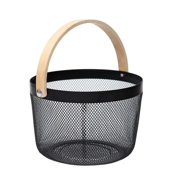 Portable Metal Mesh Fruit & Veg Storage Organizer Basket With Wood Handle - Black