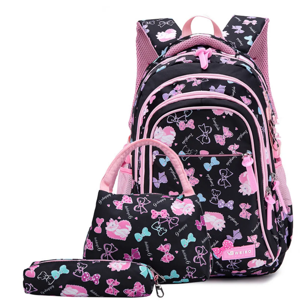 3-in-1 Girls School Backpack Set Lunch Bag Pencil Case Daily Commute - Black