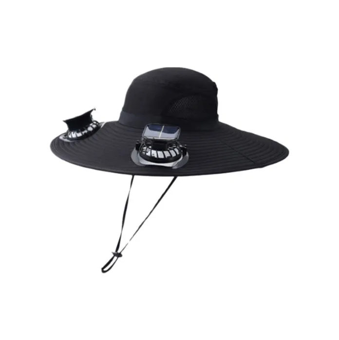 Solar-Powered USB Charging Fan with Ultra-Lightweight Sun Hat - Black
