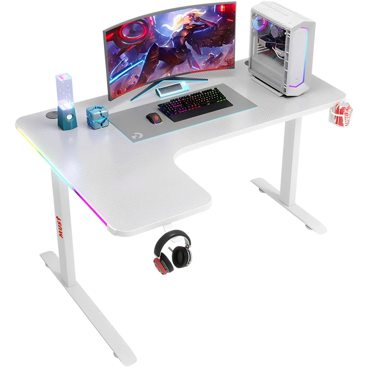 MUST L Shaped Gaming Desk with RGB Lights Left-Corner Desk for Home Office - White