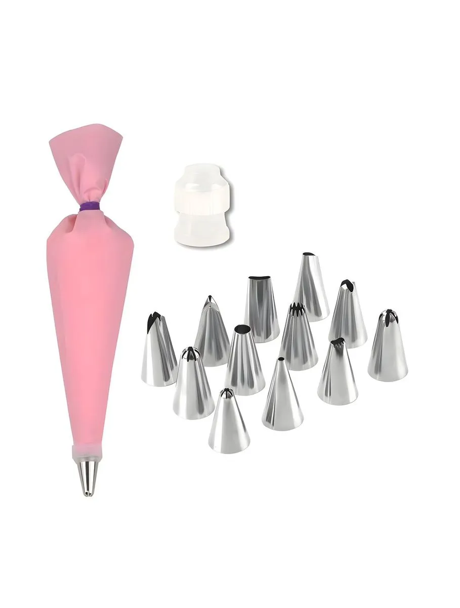 Silicone Piping Bag Set with 12 Stainless Steel Nozzles for Cake Decorating - Pink