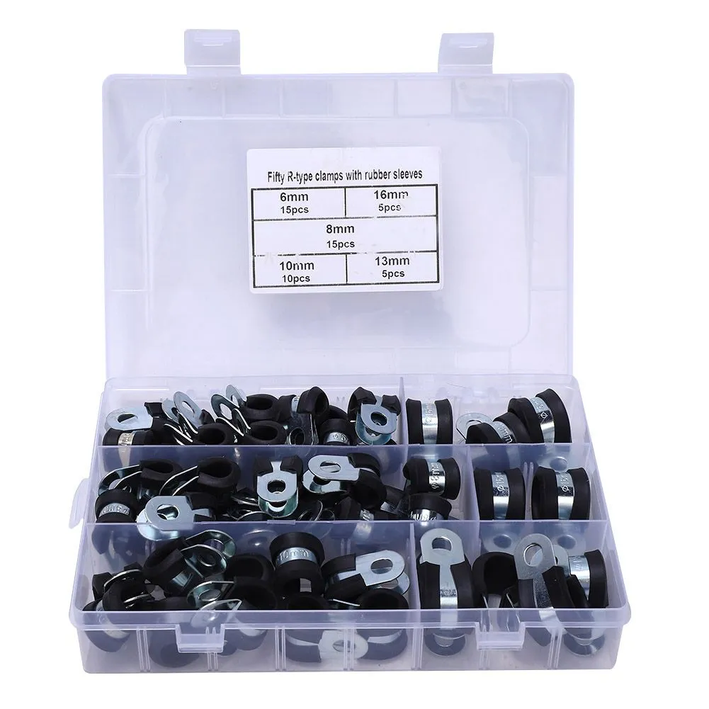 50-Piece R-Type Rubber Padded Hose Clamps - 6-16mm