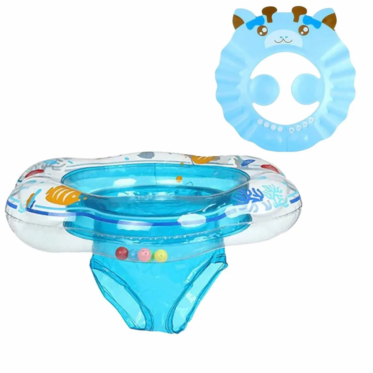 FocusBaby Inflatable Baby Swim Ring With Seat & Adjustable Baby Water Visor - Blue