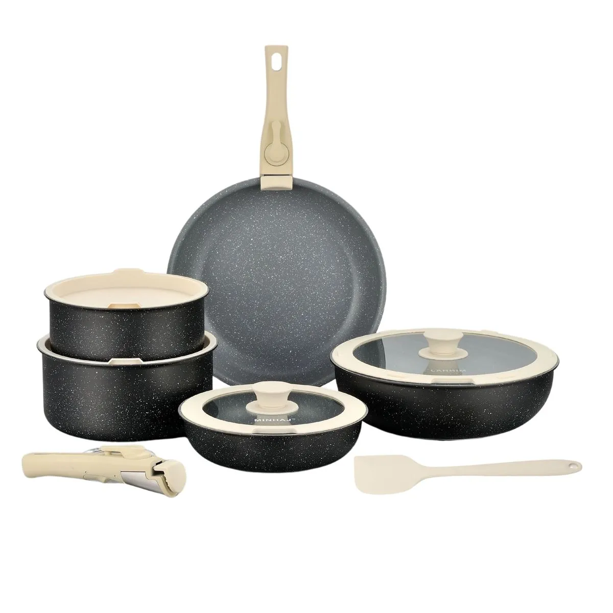 Minhaj - Viral 12-Piece Non-Stick Cookware Set with Detachable Handles - Midnight Granite (Grey)