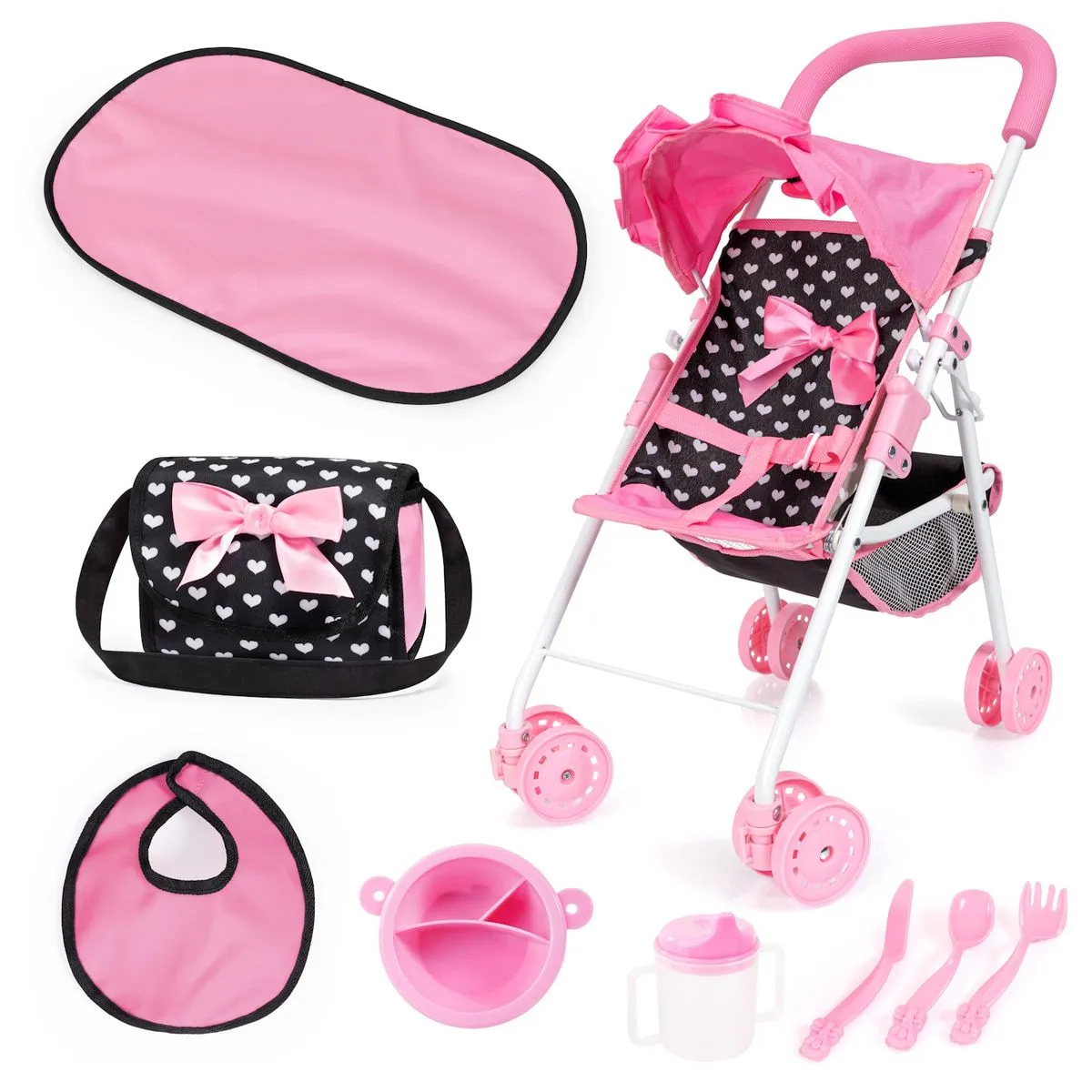 Bayer Buggy Dolls Toy Pram Set (Black/Pink) Hearts (52cm Tall)