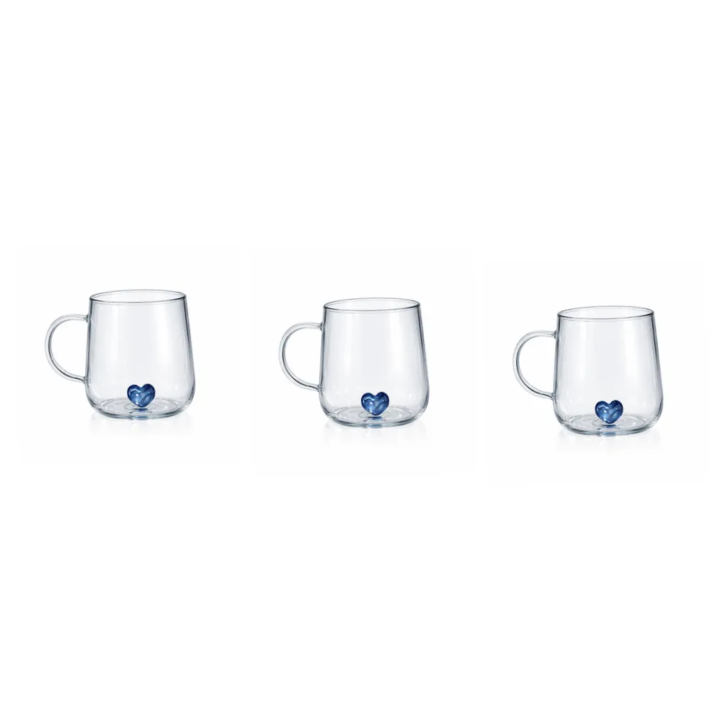 3 Pack - 400ml Borosilicate 3D Heart Glass Mug - Blue