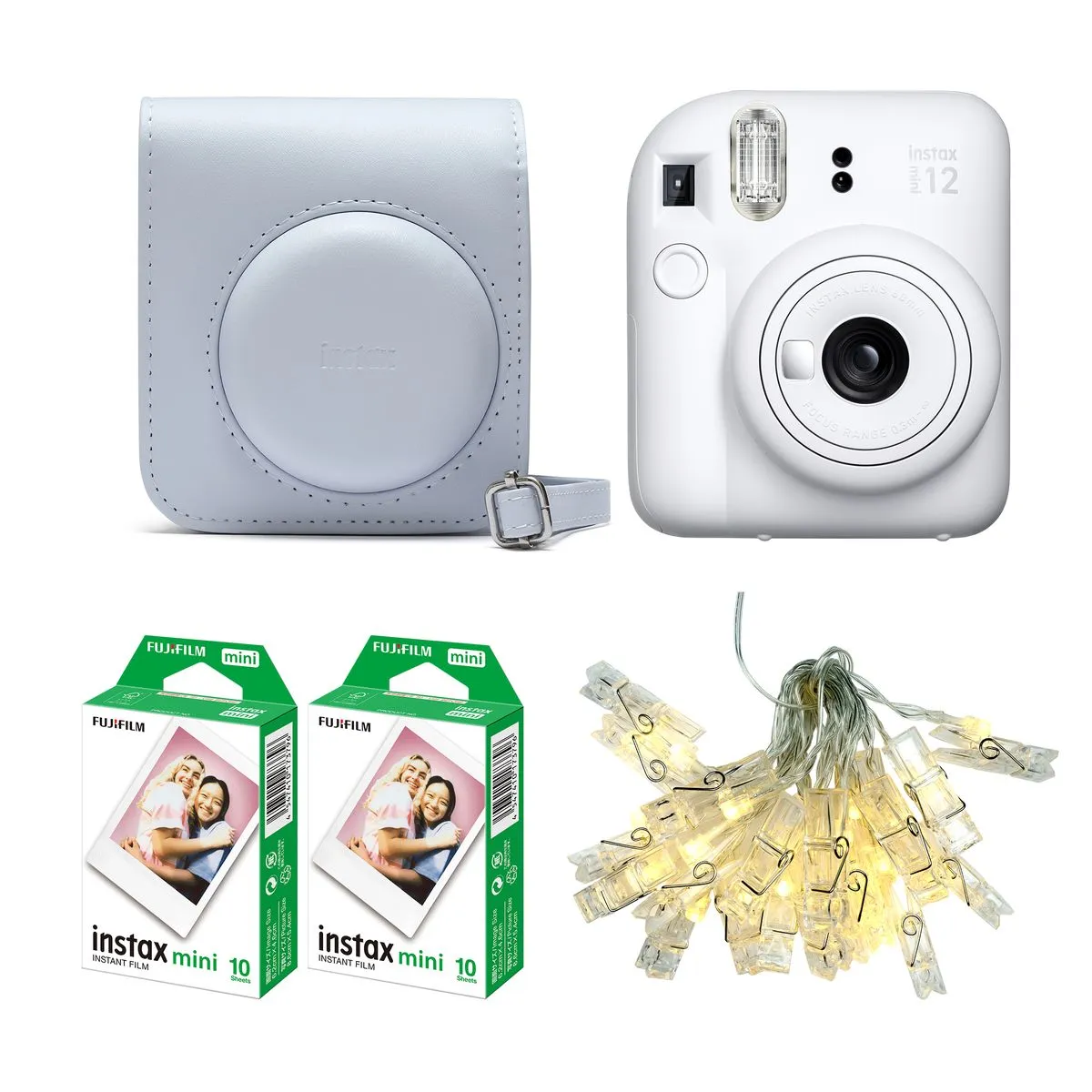 Instax Mini 12 Lights for Instax Bundle (camera / case / 2 films / lights) - Clay White