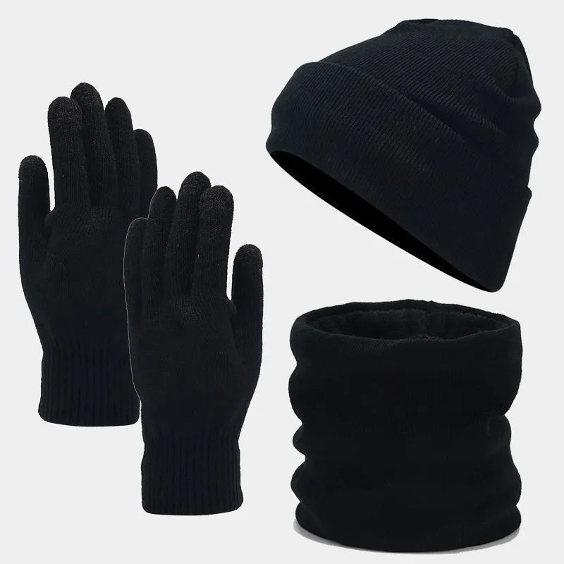 Thick, Warm Three-Piece Set Of Knitted Scarf, Hat, And Gloves - Black