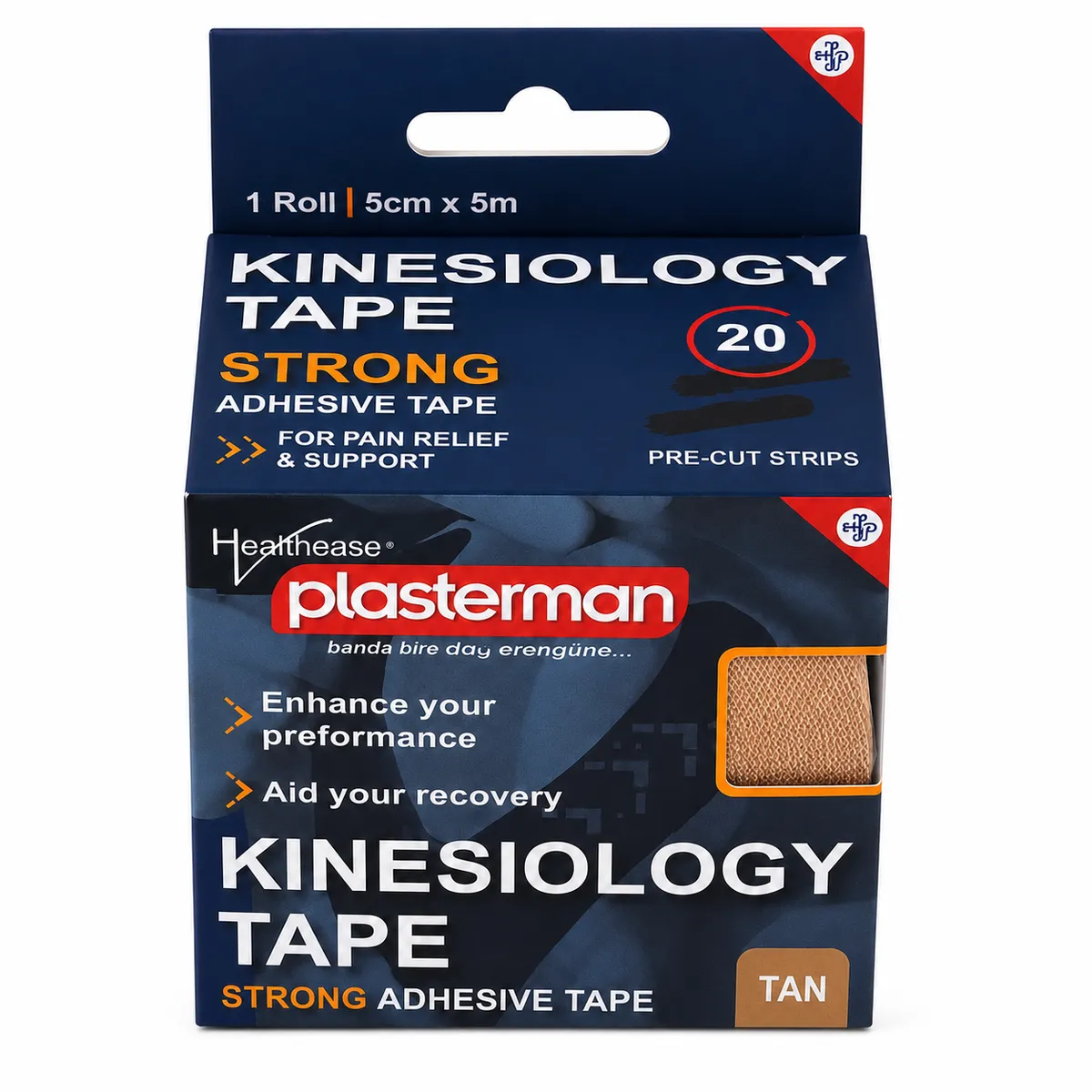 Plasterman Kinesiology Tape 5cm x 5m - 20 Pre-Cut Strips, Tan