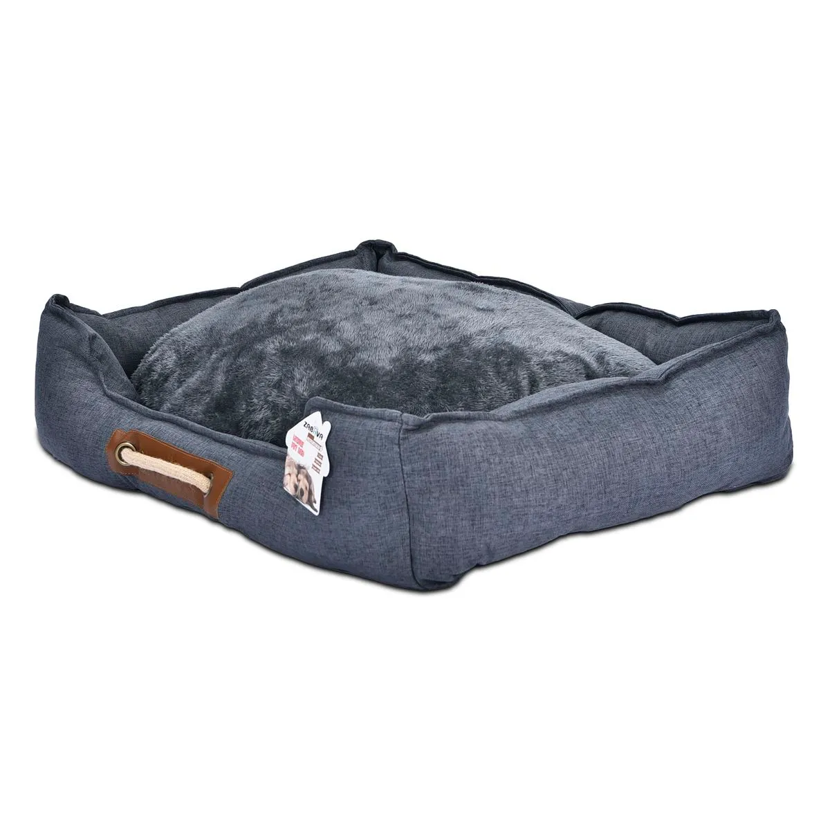 Pet Bed for Dogs & Cats - Imitation Linen Fabric, Anti-Slip Base - Grey