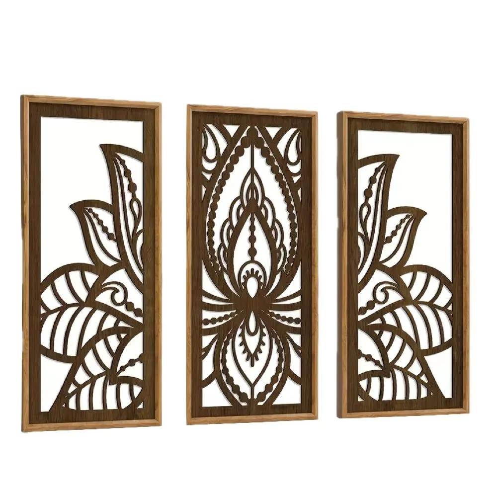 Decor 3 Piece Mandala Carved Wood Lotus Flower Wall Art -40cm