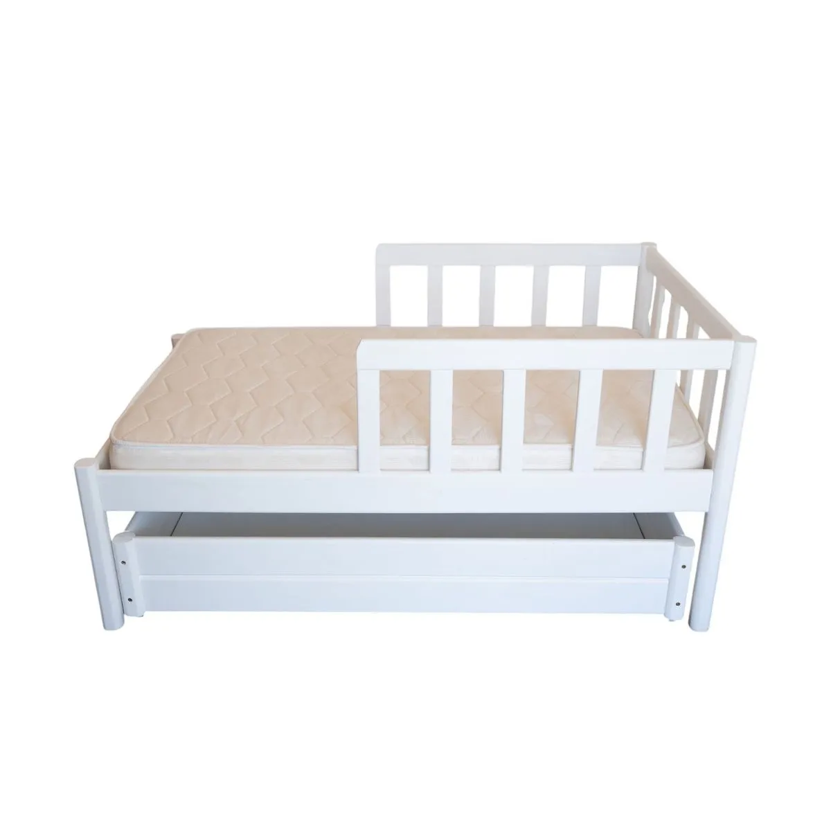 Toddler Intermediary Bed with Short Rails, Mattress & Storage Unit White