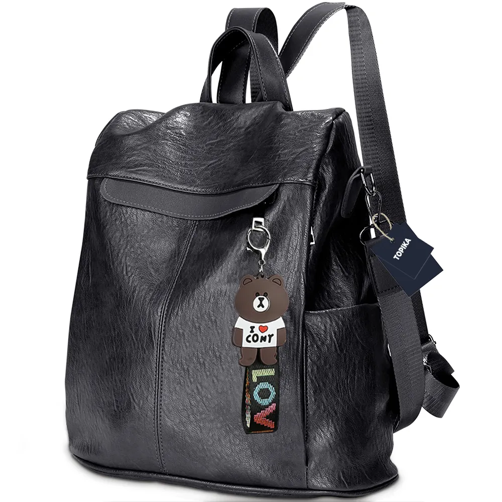 Topika - Leather Backpacks for Ladies, Shoulder Satchel Bag with Anti-Theft - Black