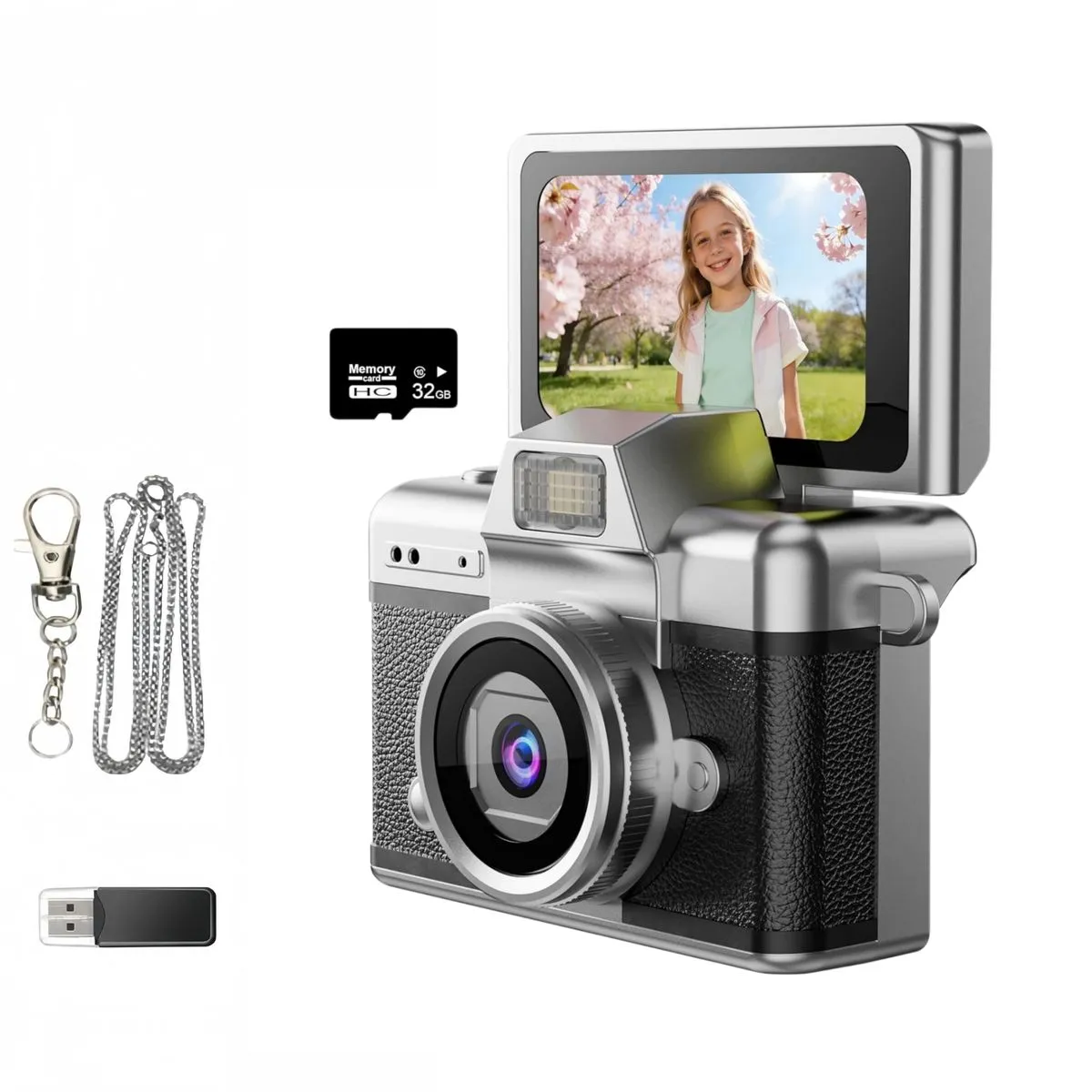 Mini Digital Camera, 48MP 1080P Flip Screen, Dual Colours with 32GB Card - Black