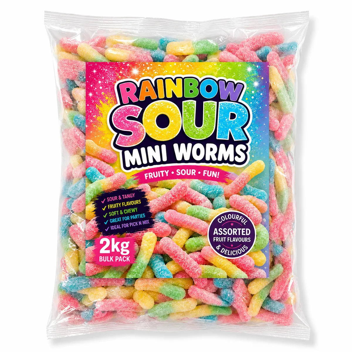 Rainbow Sour Mini Worms Gummy Candy Bulk Pack - 2kg