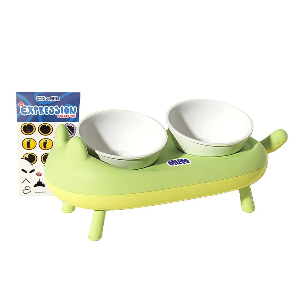 Cute Angled Double Bowl Feeder for Cats and Small Dogs - Green with Ceramic Bowls